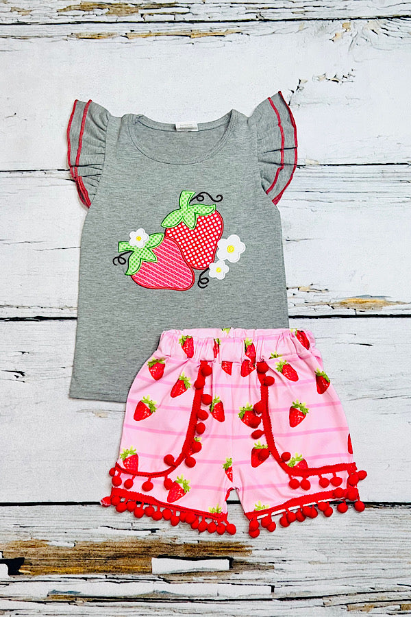 Gray & pink embroidered strawberries 2pc set 1121WY