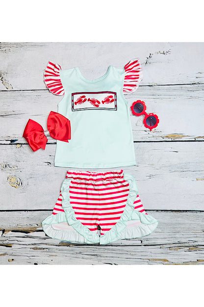 Red & mint lobster ruffle 2pc short sleeve set