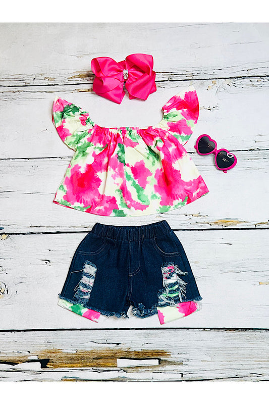 Hot pink & green tie dye off the shoulder top w/blue denim shorts set DLH2361