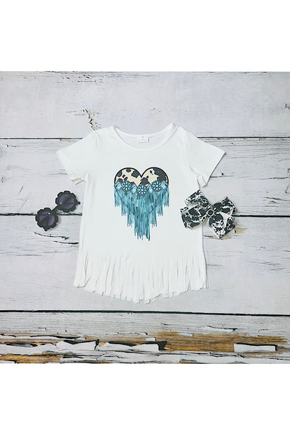 White cow printed heart w/turquoise jewels & fringe short sleeve top 1125WY