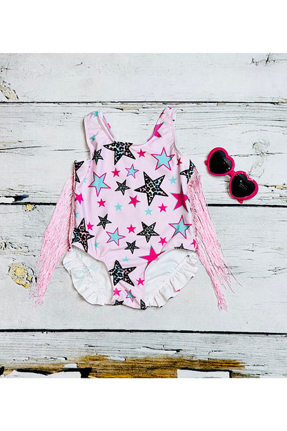 Multicolor stars print pink swimsuit w/pink fringe