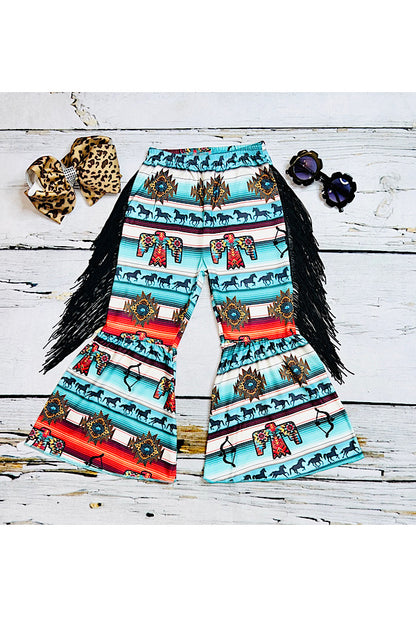 Multicolor Aztec print girls bell bottoms w/fringe 1126WY