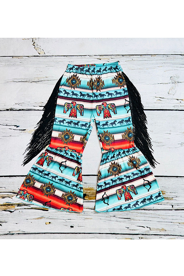 Multicolor Aztec print girls bell bottoms w/fringe 1126WY