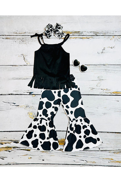 Black suede sleeveless fringe top /cow print bell bottoms 2pc set 1141WY