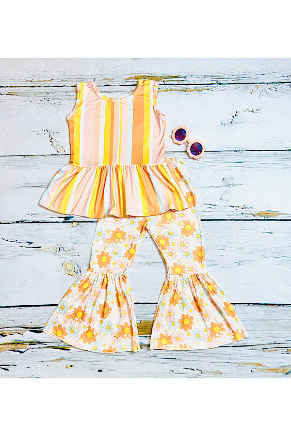 Peach tones floral & stripped sleeveless 2pc set 1135WY