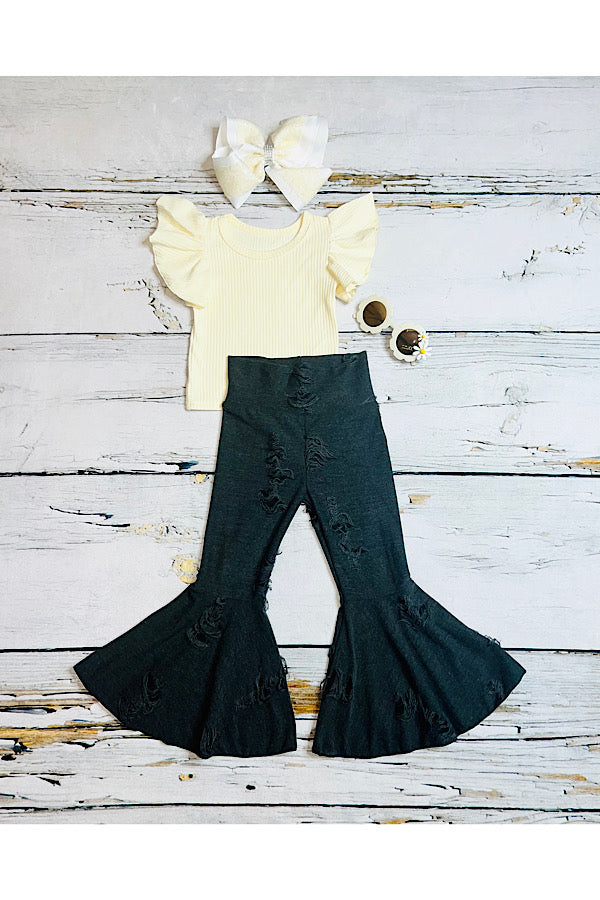 Ivory top w/dark gray distressed fabric bell bottoms 2pc set