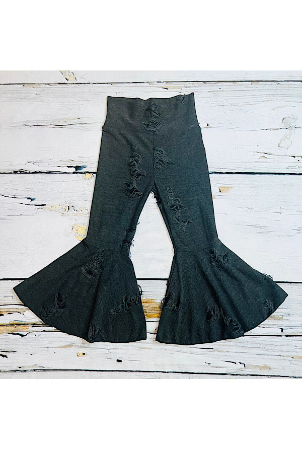 Ivory top w/dark gray distressed fabric bell bottoms 2pc set