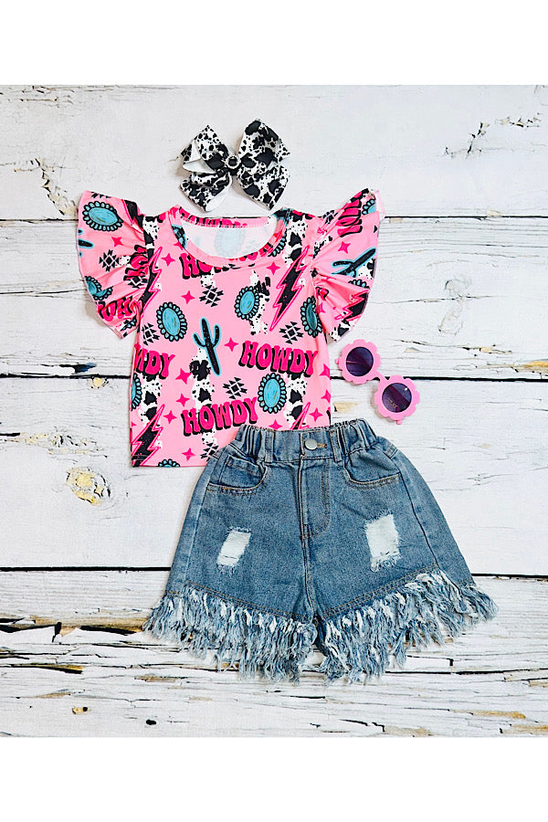 "HOWDY" pink cactus & jewels ruffle short sleeve top DLH2385
