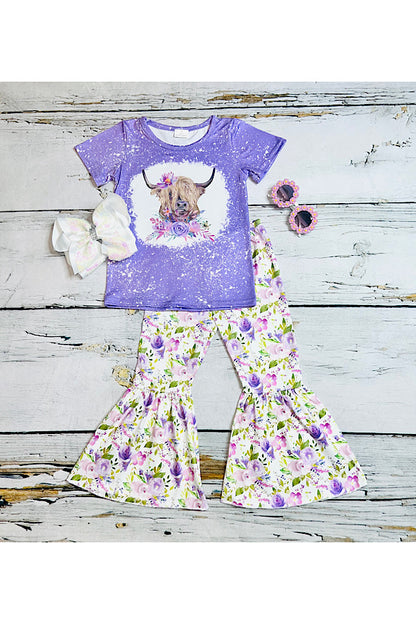 Lavender bull & floral print 2pc short sleeve set 1124WY