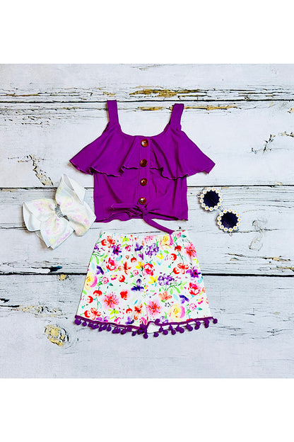 Purple top & floral pompom shorts 2pc set