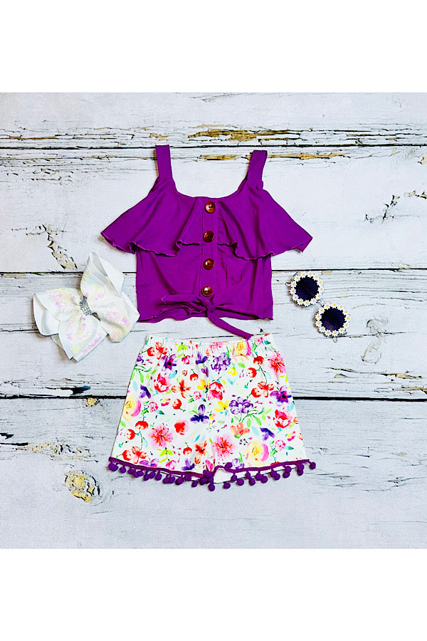 Purple top & floral pompom shorts 2pc set DLH2353