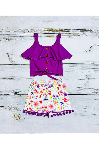Purple top & floral pompom shorts 2pc set