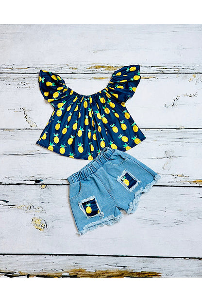 Navy & yellow pineapples off the shoulder top w/denim shorts 2pc set DLH2360