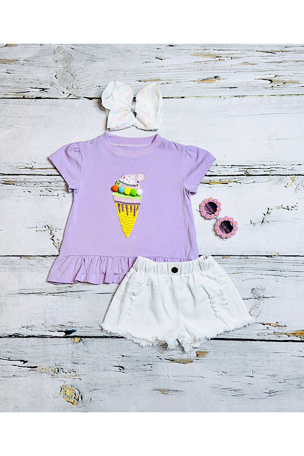 Light purple embroidered ice cream cone top w/white denim shorts 2pc set DLH2352