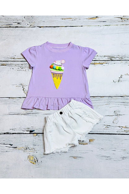 Light purple embroidered ice cream cone top w/white denim shorts 2pc set DLH2352