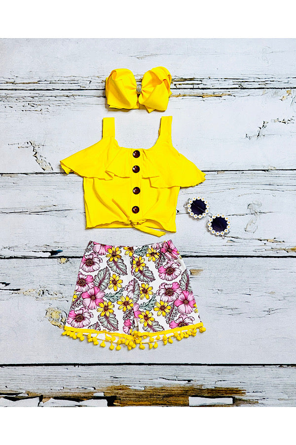 Yellow top w/floral pompom shorts 2pc set DLH2354