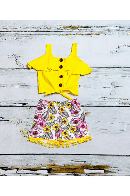 Yellow top w/floral pompom shorts 2pc set DLH2354