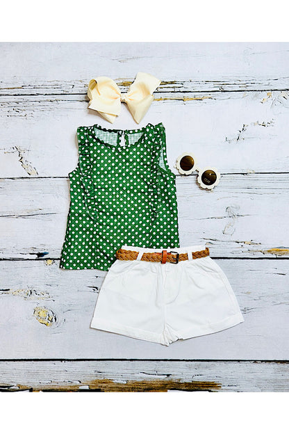 Green w/white polka dots top w/white shorts & brown belt 3pc set DLH2349