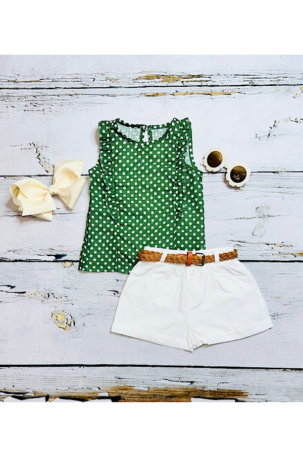 Green w/white polka dots top w/white shorts & brown belt 3pc set DLH2349