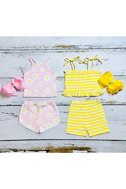 Pink daisies & yellow stripped sleeveless sets (2 sets bundle) DLH2409
