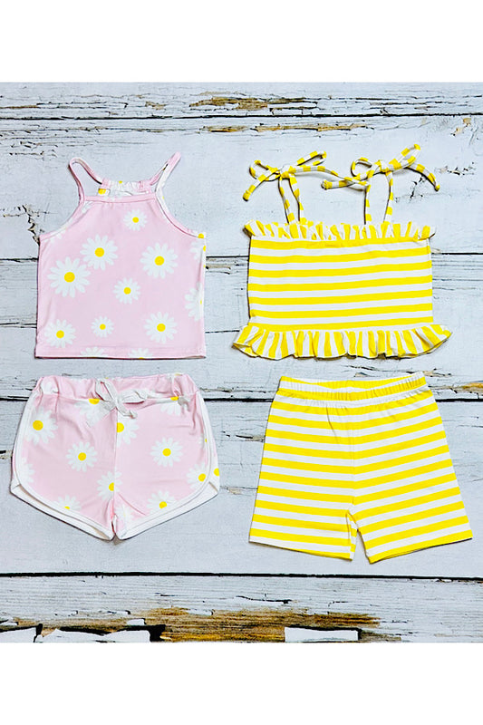 Pink daisies & yellow stripped sleeveless sets (2 sets bundle) DLH2409