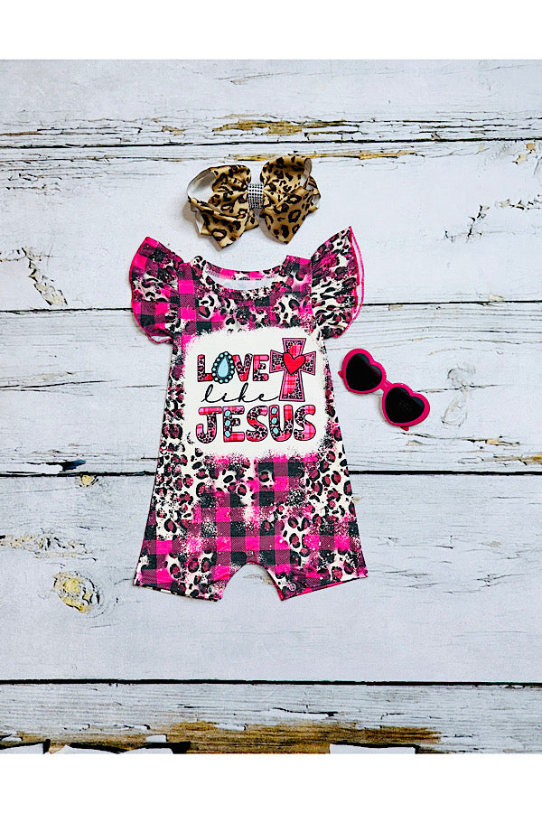 "LOVE LIKE JESUS" cheetah & pink/black plaid baby romper DLH2328