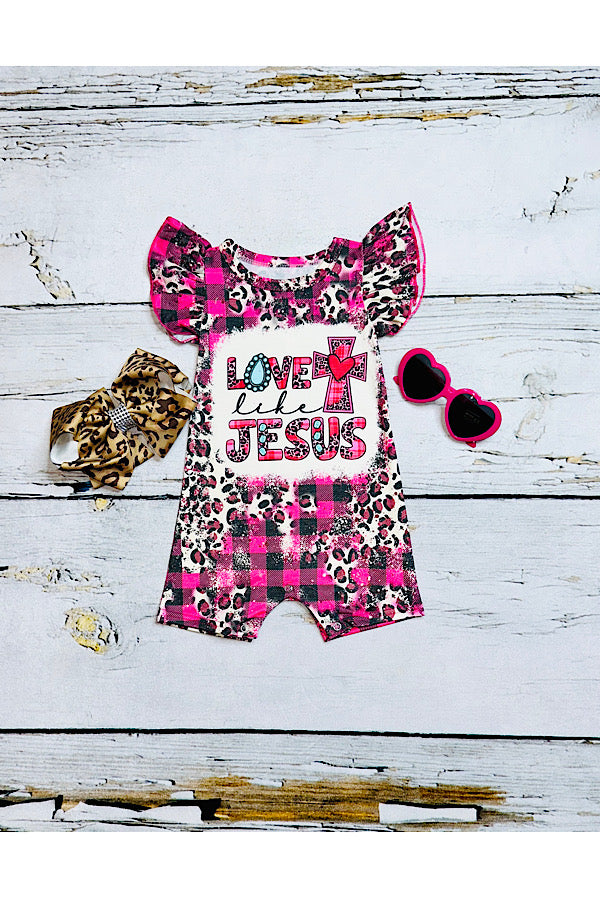"LOVE LIKE JESUS" cheetah & pink/black plaid baby romper DLH2328