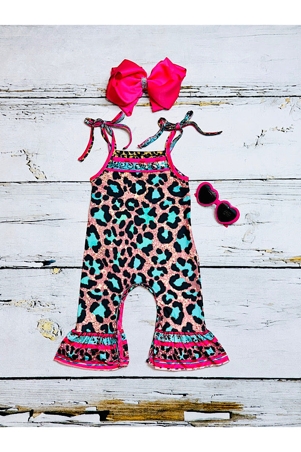 Turquoise & pink cheetah spaghetti straps baby ruffle romper 1134WY