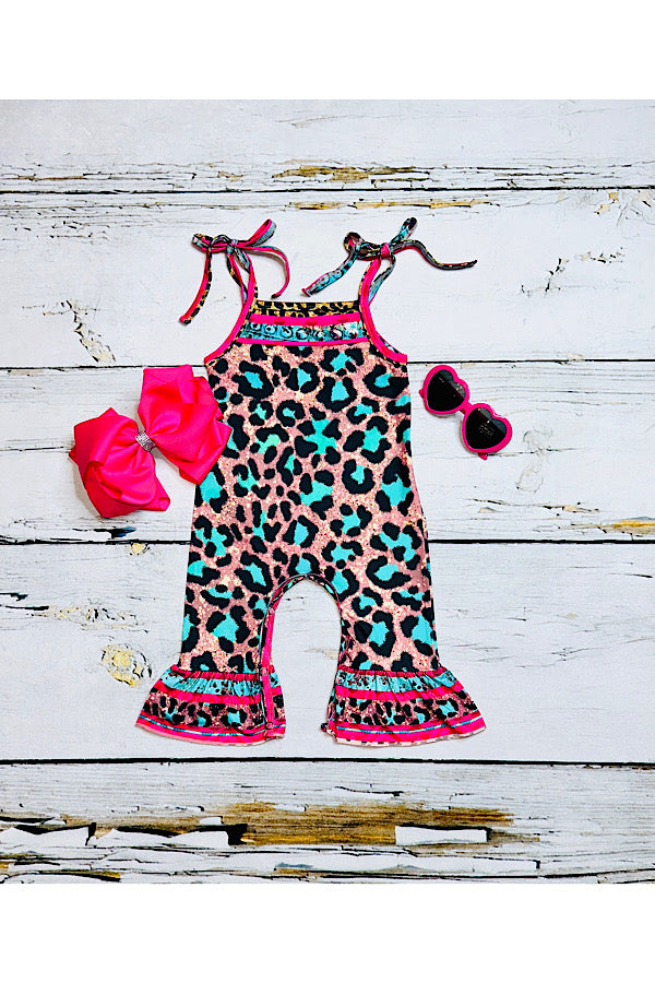 Turquoise & pink cheetah spaghetti straps baby ruffle romper 1134WY