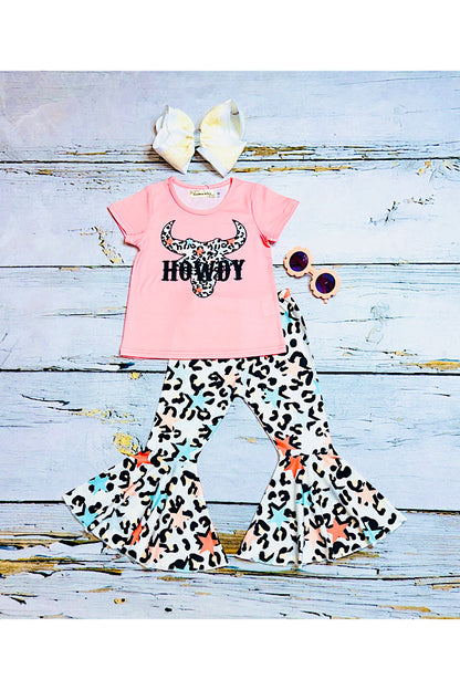 "HOWDY" bull top w/multicolor cheetah & stars bell bottoms 2pc set XCH0666-10H