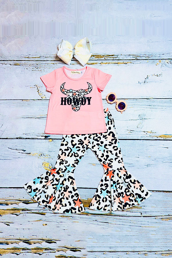"HOWDY" bull top w/multicolor cheetah & stars bell bottoms 2pc set X0666-10