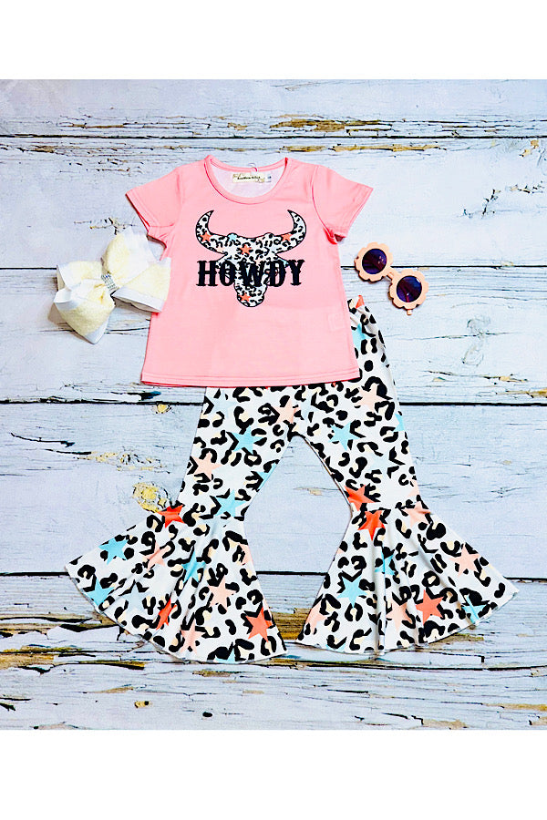 "HOWDY" bull top w/multicolor cheetah & stars bell bottoms 2pc set XCH0666-10H