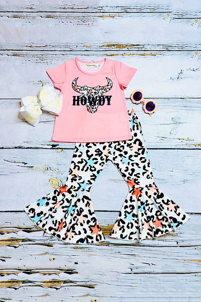 "HOWDY" bull top w/multicolor cheetah & stars bell bottoms 2pc set X0666-10