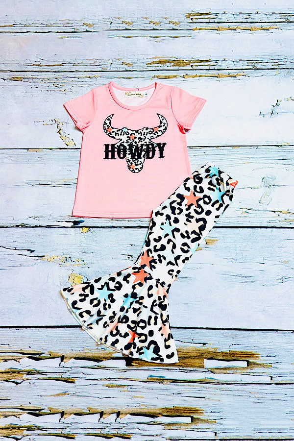 "HOWDY" bull top w/multicolor cheetah & stars bell bottoms 2pc set X0666-10