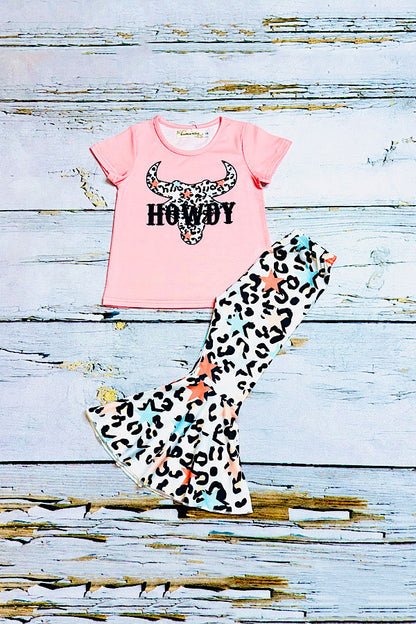 "HOWDY" bull top w/multicolor cheetah & stars bell bottoms 2pc set X0666-10