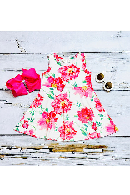 Hot pink floral print sleeveless girls dress XCH0888-25H