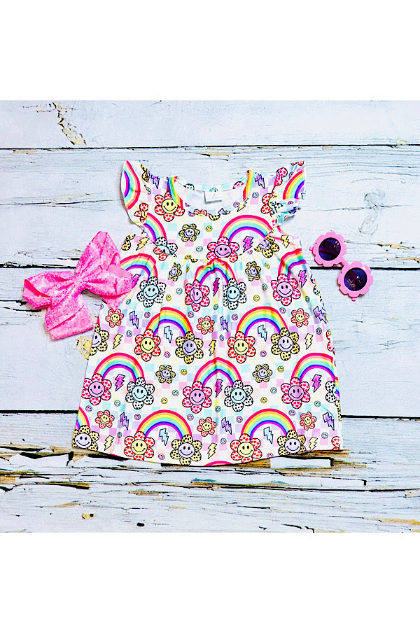 Multicolor rainbows & smiley flowers girls dress