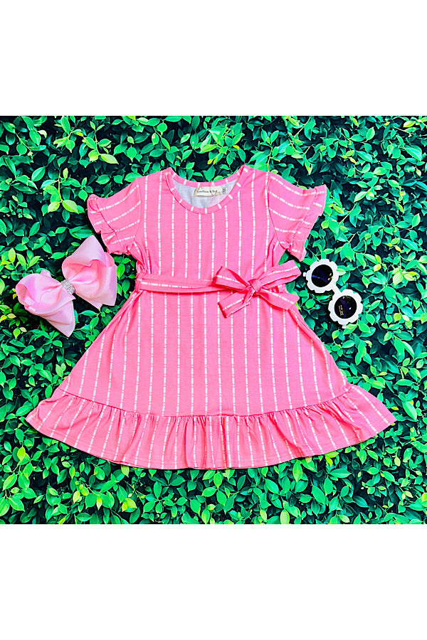 Pink stripped ruffle short sleeve dress w/pink belt XCH0555-7H