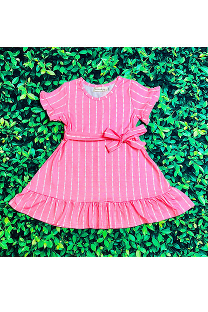 Pink stripped ruffle short sleeve dress w/pink belt XCH0555-7H