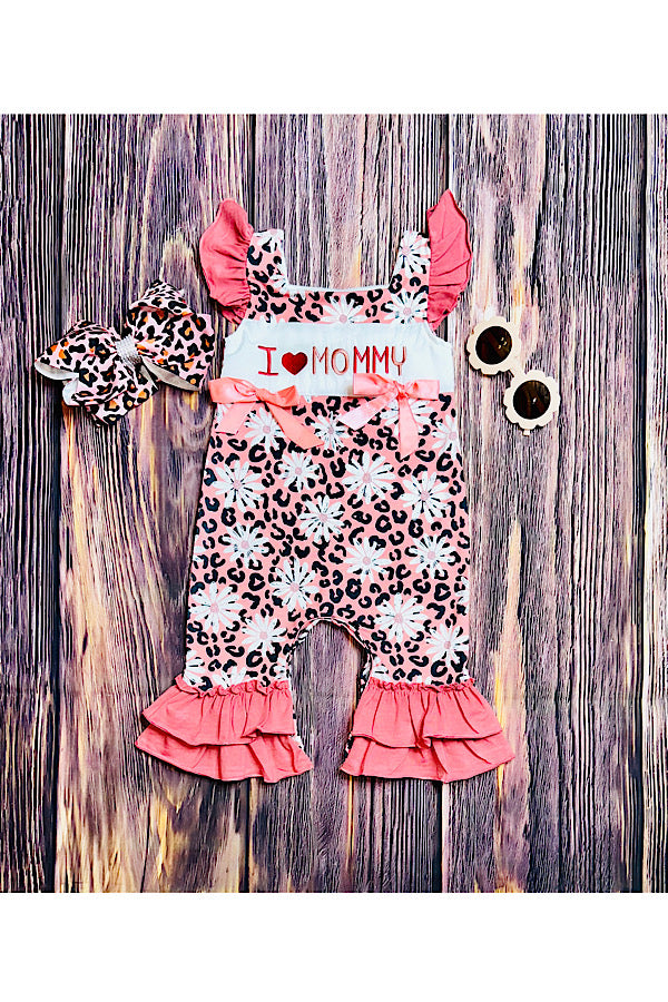 "I LOVE MOMMY" pink cheetah & flowers ruffle baby romper DLH2435