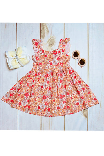 Red & peach floral & butterfly print w/open back girls dress XCH0555-9H