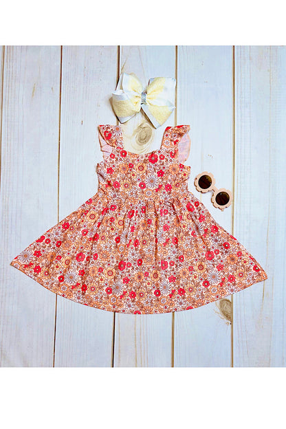 Red & peach floral & butterfly print w/open back girls dress XCH0555-9H