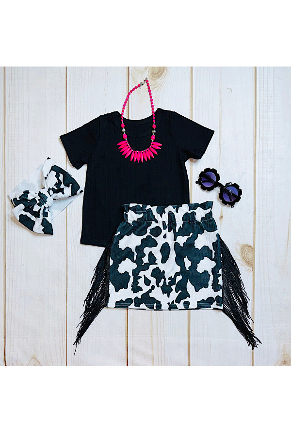 Black top w/cow print fringe skirt & matching headband & necklace 4pc set