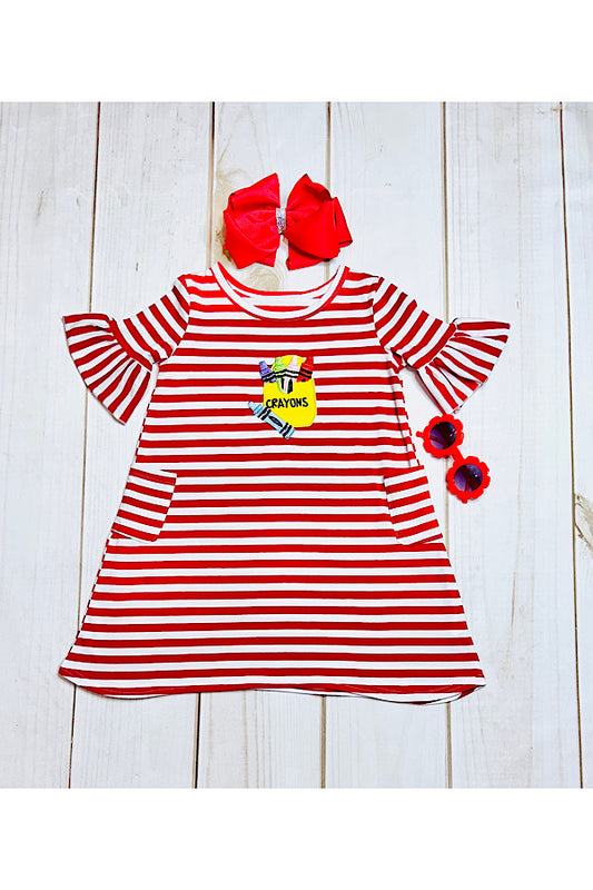 Red & white stripped crayons ruffle sleeve dress DLH2421