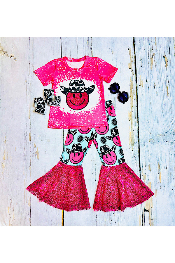 Hot pink sequin smiley face w/cow print hat 2pc set