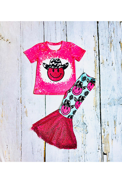 Hot pink sequin smiley face w/cow print hat 2pc set
