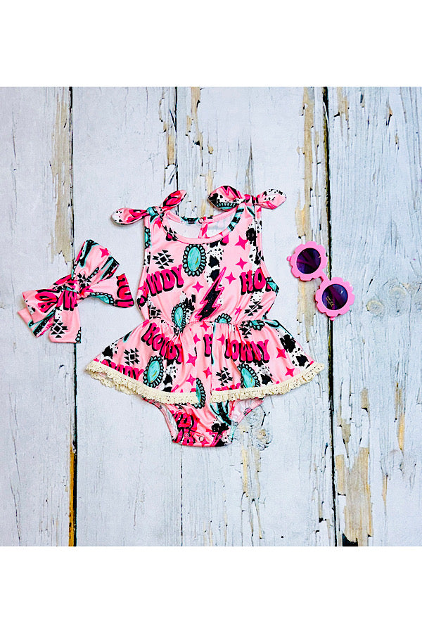 Pink "HOWDY" jewels & cow print baby lace romper w/matching headband DLH2434