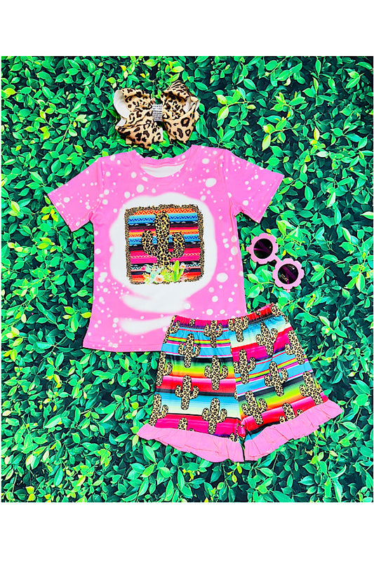 Pink leopard print cactus & serape 2pc short set DLH2387