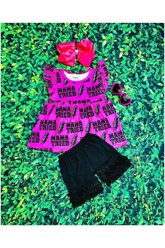 "MAMA TRIED" hot pink & black 2pc ruffle set 1145WY