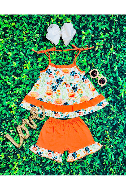 Orange floral print ruffle 2pc set XCH0666-2H